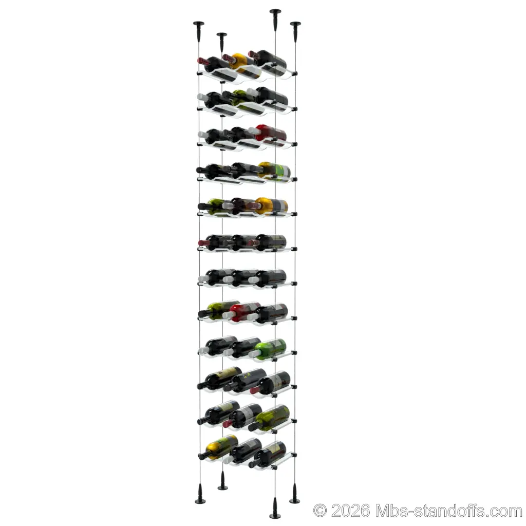 Viognier - Condrieu Collection Bottle Display Cable Cradle Kit, 36-Bottle (3x12) Capacity, Floating Cable System, 3-Bottle Wave Acrylic Cradle, Cable: 1/16″ Diameter, 13′-1″ Length with Matte Black Anodized Hanger