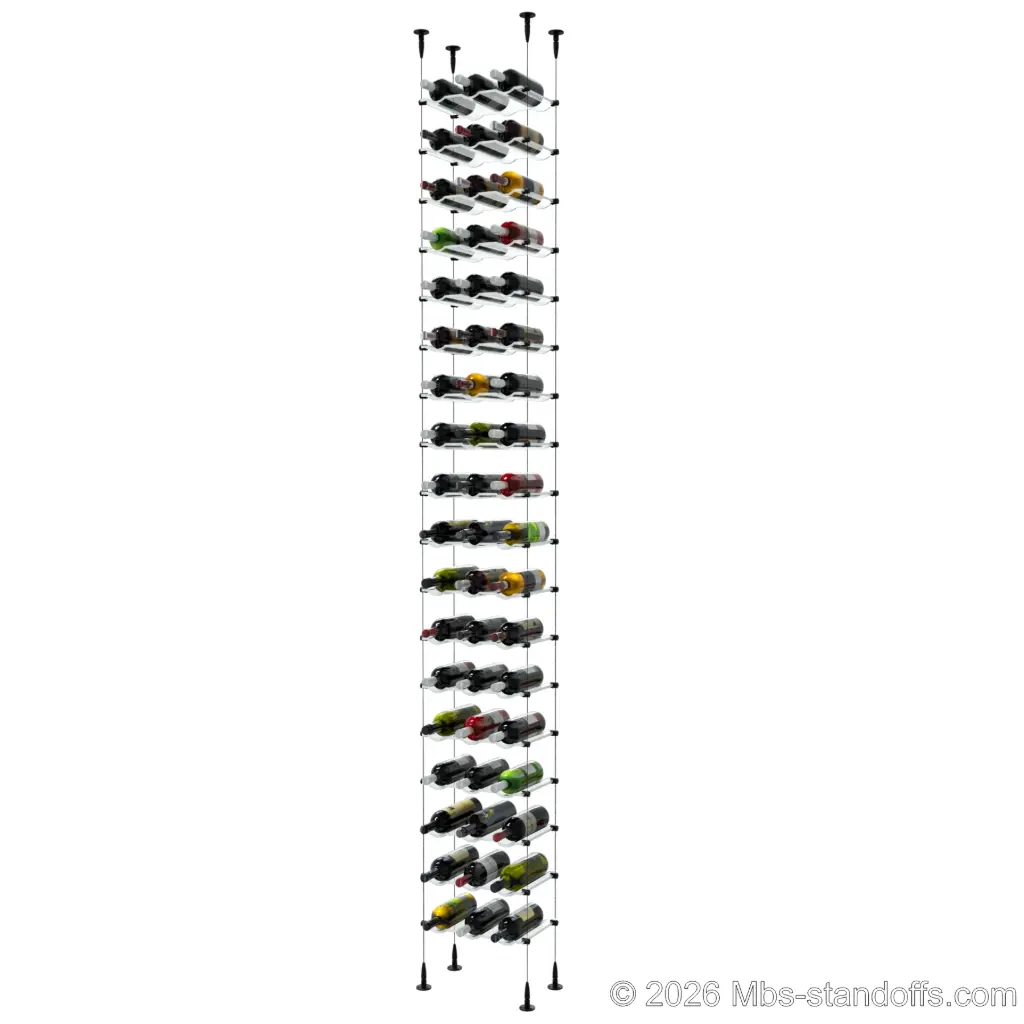 Viognier - Condrieu Collection Bottle Display Cable Cradle Kit, 54-Bottle (3x18) Capacity, Floating Cable System, 3-Bottle Wave Acrylic Cradle, Cable: 1/16″ Diameter, 13′-1″ Length with Matte Black Anodized Hanger