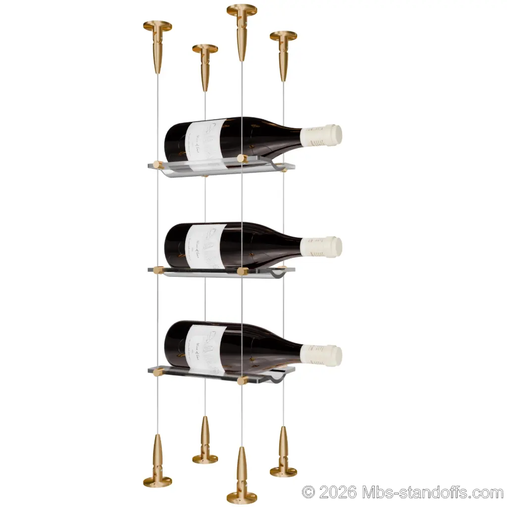 Viognier - Condrieu Collection Bottle Display Cable Cradle Kit, 3-Bottle Capacity, Floating Cable System, 1-Bottle Wave Acrylic Cradle, Cable: 1/16″ Diameter, 13′-1″ Length with Champagne Anodized Hanger