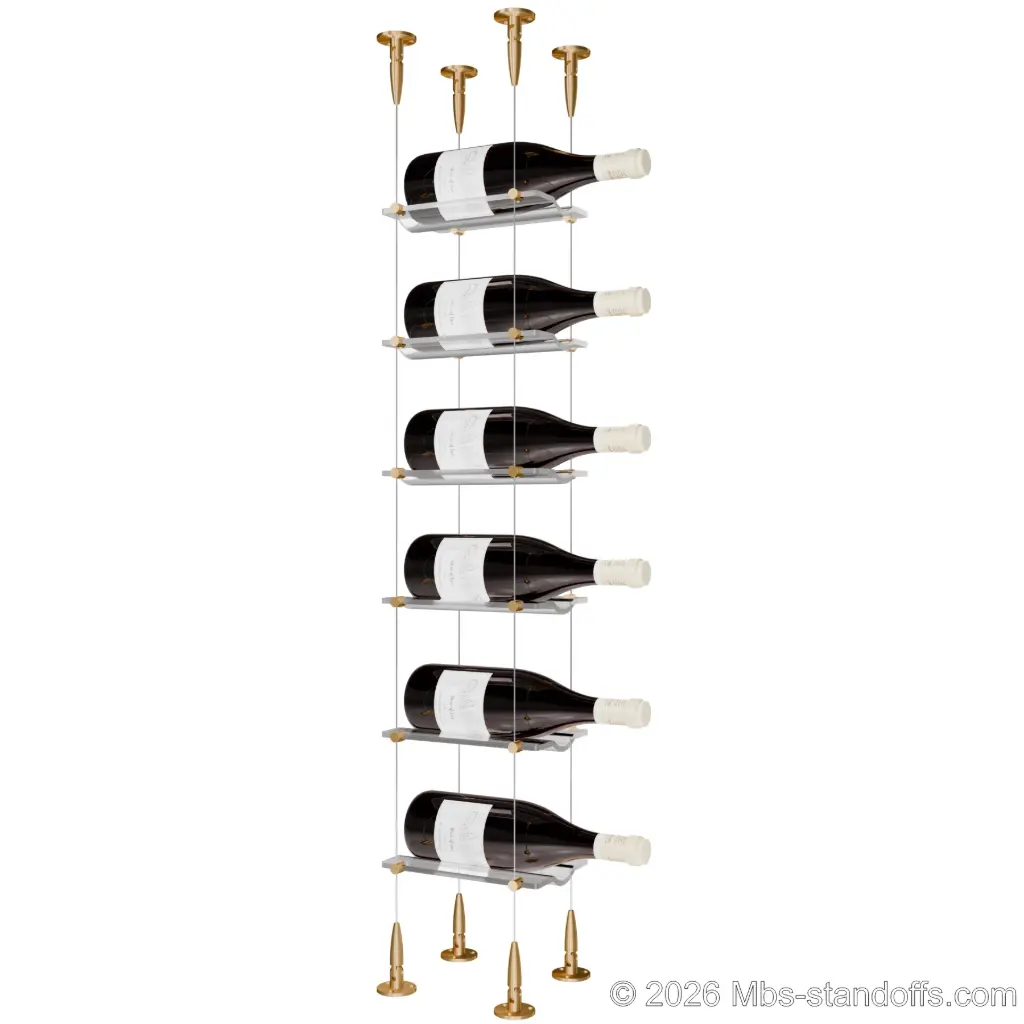 Viognier - Condrieu Collection Bottle Display Cable Cradle Kit, 6-Bottle Capacity, Floating Cable System, 1-Bottle Wave Acrylic Cradle, Cable: 1/16″ Diameter, 13′-1″ Length with Champagne Anodized Hanger