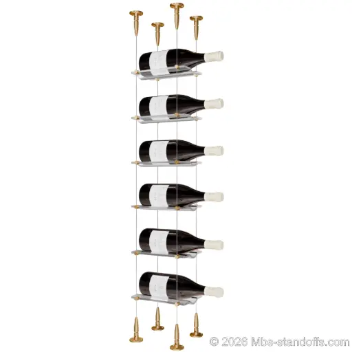 [SCS15BR-CW01-K6] Viognier - Condrieu Collection Bottle Display Cable Cradle Kit, 6-Bottle Capacity, Floating Cable System, 1-Bottle Wave Acrylic Cradle, Cable: 1/16″ Diameter, 13′-1″ Length with Champagne Anodized Hanger