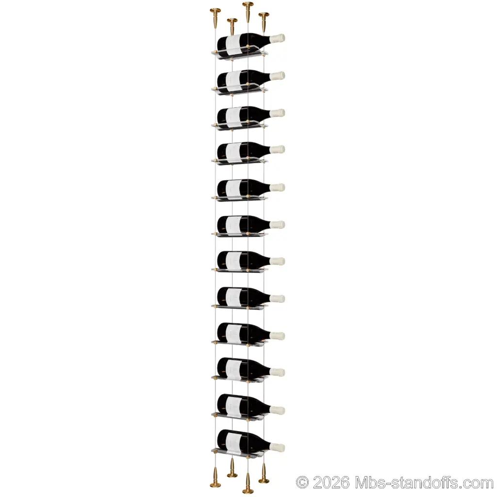 Viognier - Condrieu Collection Bottle Display Cable Cradle Kit, 12-Bottle Capacity, Floating Cable System, 1-Bottle Wave Acrylic Cradle, Cable: 1/16″ Diameter, 13′-1″ Length with Champagne Anodized Hanger