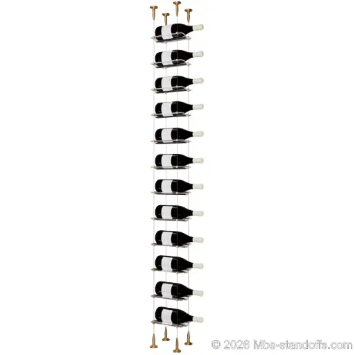 [SCS15BR-CW01-K12] Viognier - Condrieu Collection Bottle Display Cable Cradle Kit, 12-Bottle Capacity, Floating Cable System, 1-Bottle Wave Acrylic Cradle, Cable: 1/16″ Diameter, 13′-1″ Length with Champagne Anodized Hanger