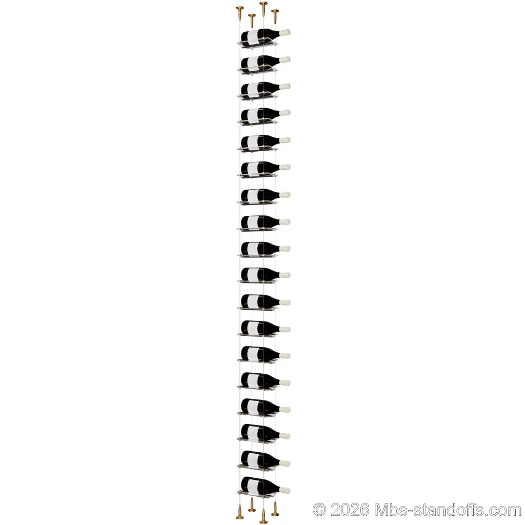 Viognier - Condrieu Collection Bottle Display Cable Cradle Kit, 18-Bottle Capacity, Floating Cable System, 1-Bottle Wave Acrylic Cradle, Cable: 1/16″ Diameter, 13′-1″ Length with Champagne Anodized Hanger