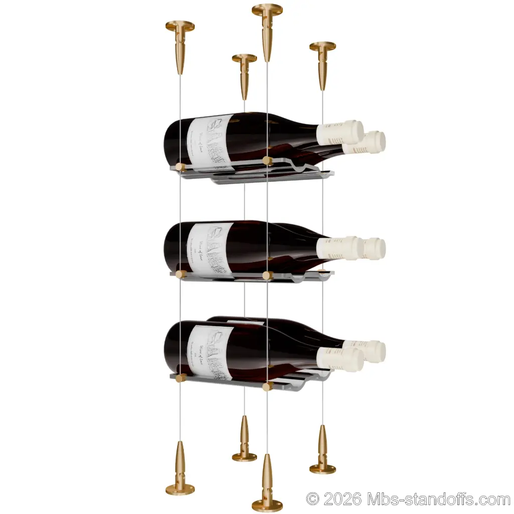 Viognier - Condrieu Collection Bottle Display Cable Cradle Kit, 6-Bottle (2x3) Capacity, Floating Cable System, 2-Bottle Wave Acrylic Cradle, Cable: 1/16″ Diameter, 13′-1″ Length with Champagne Anodized Hanger