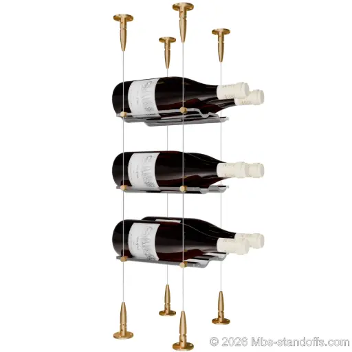 [SCS15BR-CW02-K3] Viognier - Condrieu Collection Bottle Display Cable Cradle Kit, 6-Bottle (2x3) Capacity, Floating Cable System, 2-Bottle Wave Acrylic Cradle, Cable: 1/16″ Diameter, 13′-1″ Length with Champagne Anodized Hanger