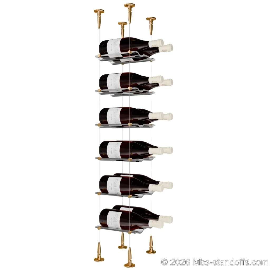 Viognier - Condrieu Collection Bottle Display Cable Cradle Kit, 12-Bottle (2x6) Capacity, Floating Cable System, 2-Bottle Wave Acrylic Cradle, Cable: 1/16″ Diameter, 13′-1″ Length with Champagne Anodized Hanger