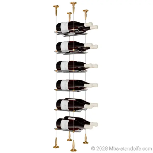[SCS15BR-CW02-K6] Viognier - Condrieu Collection Bottle Display Cable Cradle Kit, 12-Bottle (2x6) Capacity, Floating Cable System, 2-Bottle Wave Acrylic Cradle, Cable: 1/16″ Diameter, 13′-1″ Length with Champagne Anodized Hanger