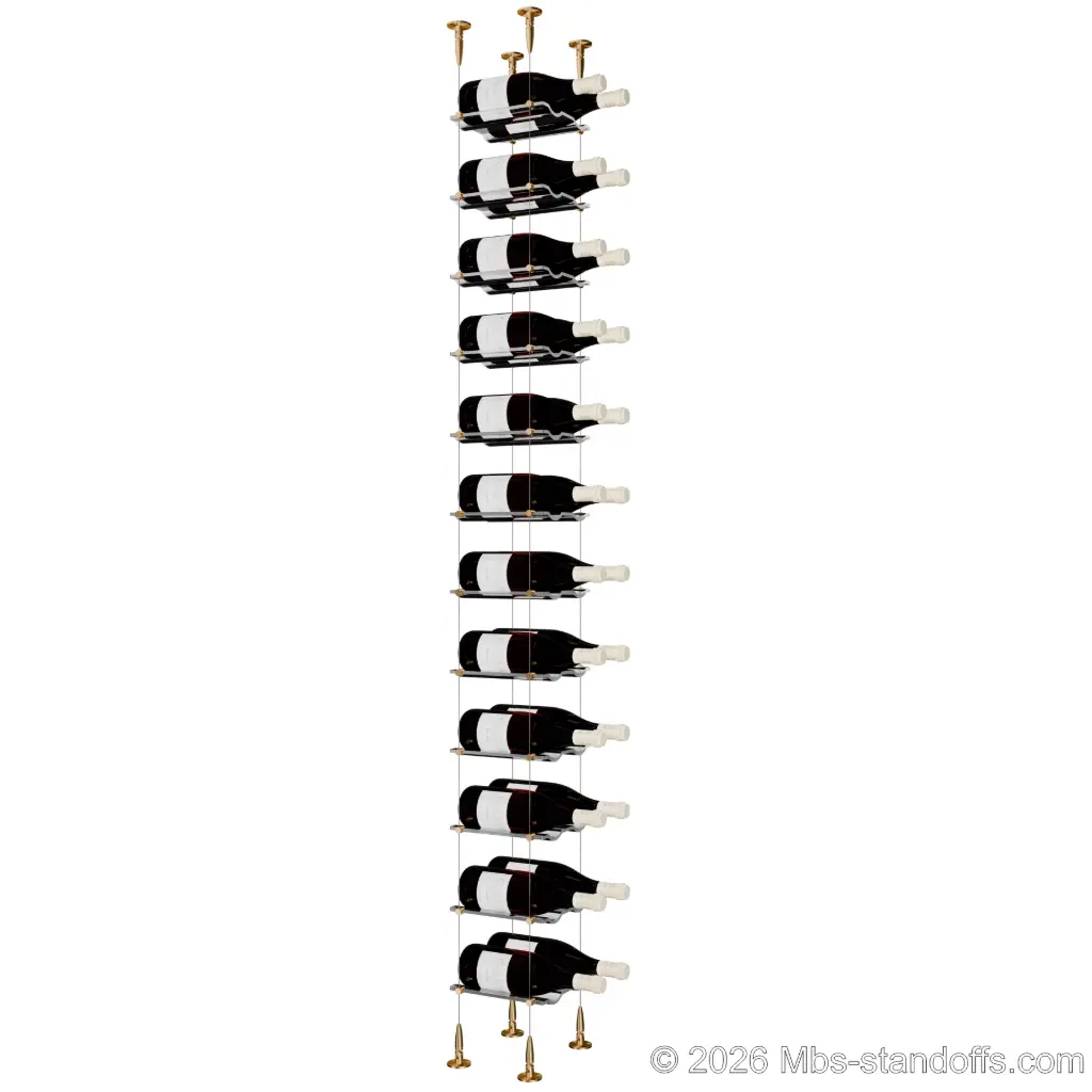 Viognier - Condrieu Collection Bottle Display Cable Cradle Kit, 24-Bottle (2x12) Capacity, Floating Cable System, 2-Bottle Wave Acrylic Cradle, Cable: 1/16″ Diameter, 13′-1″ Length with Champagne Anodized Hanger