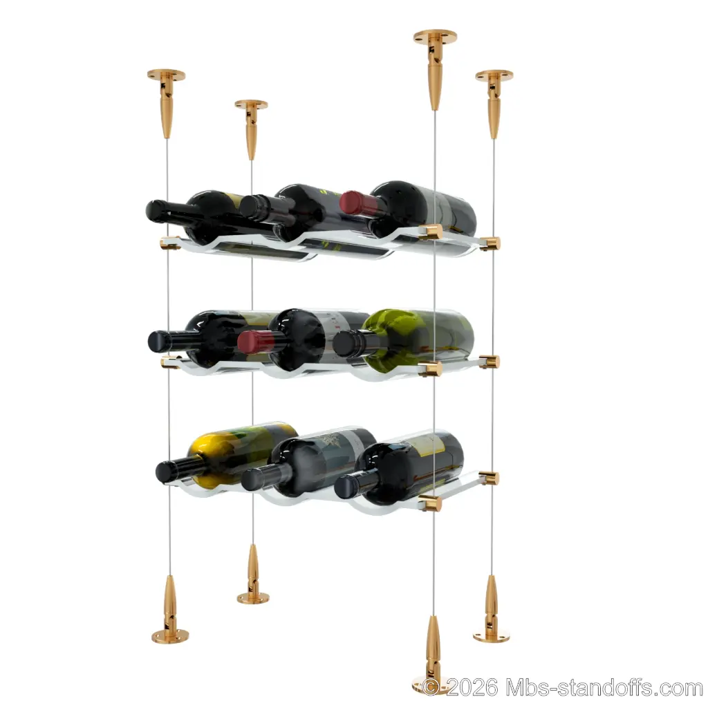 Viognier - Condrieu Collection Bottle Display Cable Cradle Kit, 9-Bottle (3x3) Capacity, Floating Cable System, 3-Bottle Wave Acrylic Cradle, Cable: 1/16″ Diameter, 13′-1″ Length with Champagne Anodized Hanger