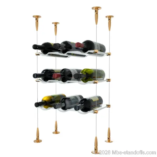 [SCS15BR-CW03-K3] Viognier - Condrieu Collection Bottle Display Cable Cradle Kit, 9-Bottle (3x3) Capacity, Floating Cable System, 3-Bottle Wave Acrylic Cradle, Cable: 1/16″ Diameter, 13′-1″ Length with Champagne Anodized Hanger