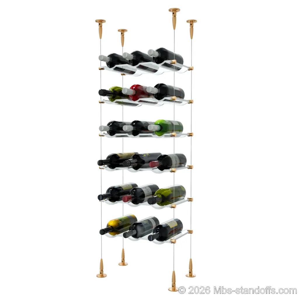 Viognier - Condrieu Collection Bottle Display Cable Cradle Kit, 18-Bottle (3x6) Capacity, Floating Cable System, 3-Bottle Wave Acrylic Cradle, Cable: 1/16″ Diameter, 13′-1″ Length with Champagne Anodized Hanger