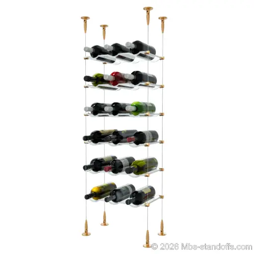 [SCS15BR-CW03-K6] Viognier - Condrieu Collection Bottle Display Cable Cradle Kit, 18-Bottle (3x6) Capacity, Floating Cable System, 3-Bottle Wave Acrylic Cradle, Cable: 1/16″ Diameter, 13′-1″ Length with Champagne Anodized Hanger