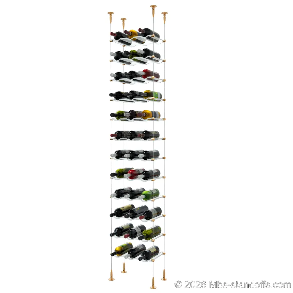 Viognier - Condrieu Collection Bottle Display Cable Cradle Kit, 36-Bottle (3x12) Capacity, Floating Cable System, 3-Bottle Wave Acrylic Cradle, Cable: 1/16″ Diameter, 13′-1″ Length with Champagne Anodized Hanger