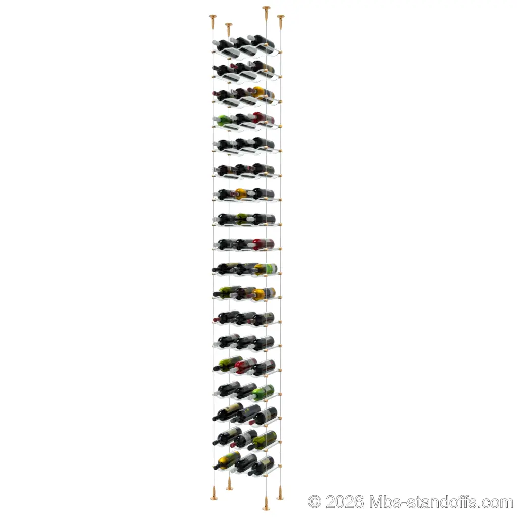 Viognier - Condrieu Collection Bottle Display Cable Cradle Kit, 54-Bottle (3x18) Capacity, Floating Cable System, 3-Bottle Wave Acrylic Cradle, Cable: 1/16″ Diameter, 13′-1″ Length with Champagne Anodized Hanger
