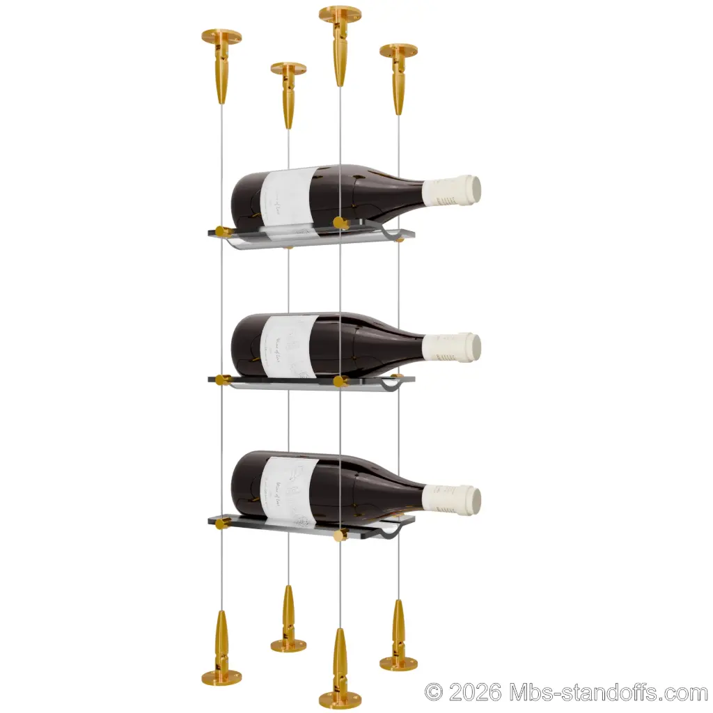 Viognier - Condrieu Collection Bottle Display Cable Cradle Kit, 3-Bottle Capacity, Floating Cable System, 1-Bottle Wave Acrylic Cradle, Cable: 1/16″ Diameter, 13′-1″ Length with Gold Anodized Hanger