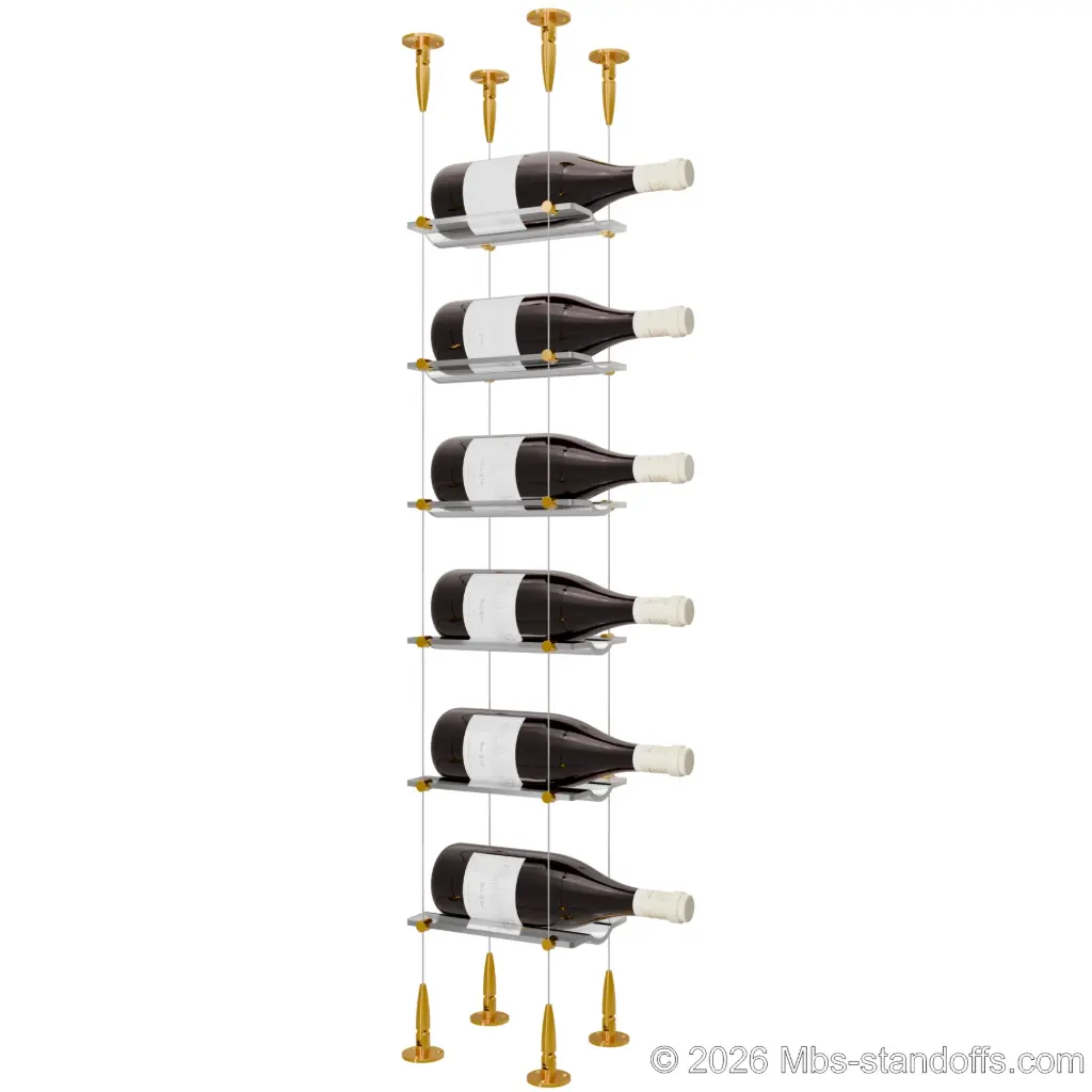 Viognier - Condrieu Collection Bottle Display Cable Cradle Kit, 6-Bottle Capacity, Floating Cable System, 1-Bottle Wave Acrylic Cradle, Cable: 1/16″ Diameter, 13′-1″ Length with Gold Anodized Hanger