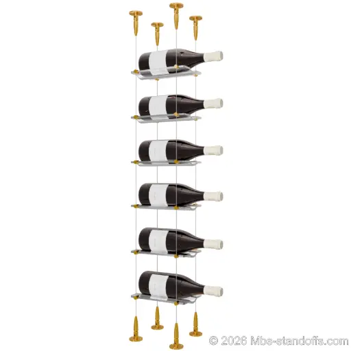 [SCS15G-CW01-K6] Viognier - Condrieu Collection Bottle Display Cable Cradle Kit, 6-Bottle Capacity, Floating Cable System, 1-Bottle Wave Acrylic Cradle, Cable: 1/16″ Diameter, 13′-1″ Length with Gold Anodized Hanger