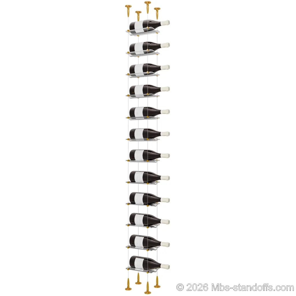 Viognier - Condrieu Collection Bottle Display Cable Cradle Kit, 12-Bottle Capacity, Floating Cable System, 1-Bottle Wave Acrylic Cradle, Cable: 1/16″ Diameter, 13′-1″ Length with Gold Anodized Hanger
