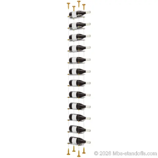 [SCS15G-CW01-K12] Viognier - Condrieu Collection Bottle Display Cable Cradle Kit, 12-Bottle Capacity, Floating Cable System, 1-Bottle Wave Acrylic Cradle, Cable: 1/16″ Diameter, 13′-1″ Length with Gold Anodized Hanger