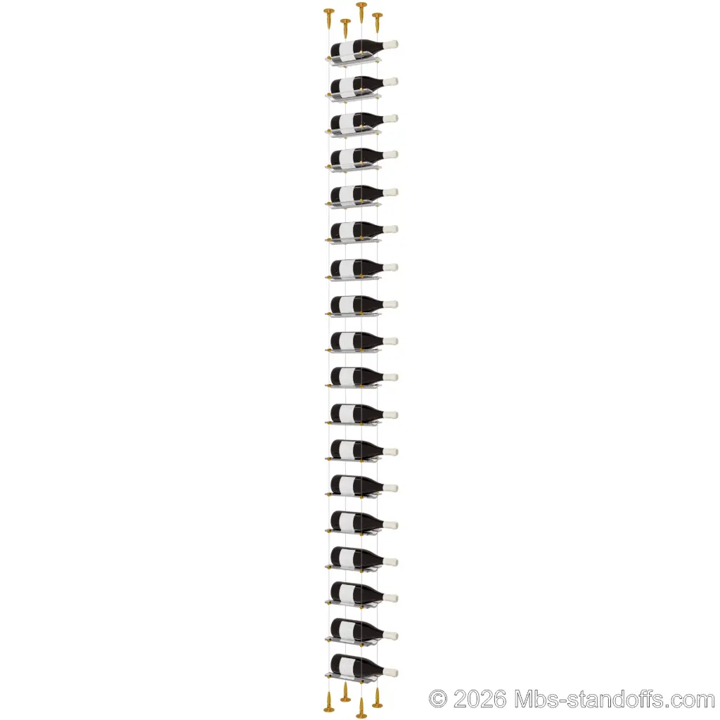 Viognier - Condrieu Collection Bottle Display Cable Cradle Kit, 18-Bottle Capacity, Floating Cable System, 1-Bottle Wave Acrylic Cradle, Cable: 1/16″ Diameter, 13′-1″ Length with Gold Anodized Hanger