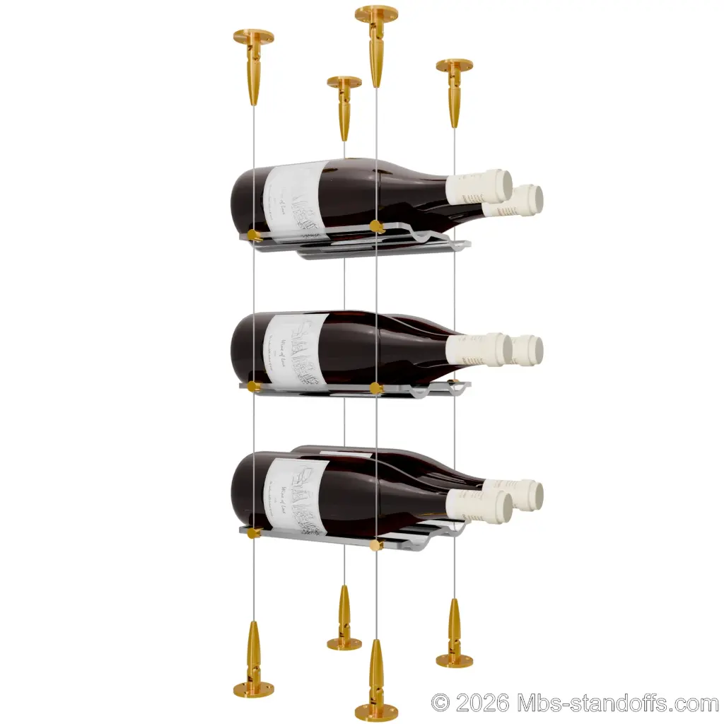 Viognier - Condrieu Collection Bottle Display Cable Cradle Kit, 6-Bottle (2x3) Capacity, Floating Cable System, 2-Bottle Wave Acrylic Cradle, Cable: 1/16″ Diameter, 13′-1″ Length with Gold Anodized Hanger