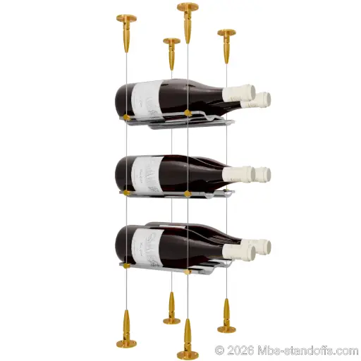 [SCS15G-CW02-K3] Viognier - Condrieu Collection Bottle Display Cable Cradle Kit, 6-Bottle (2x3) Capacity, Floating Cable System, 2-Bottle Wave Acrylic Cradle, Cable: 1/16″ Diameter, 13′-1″ Length with Gold Anodized Hanger