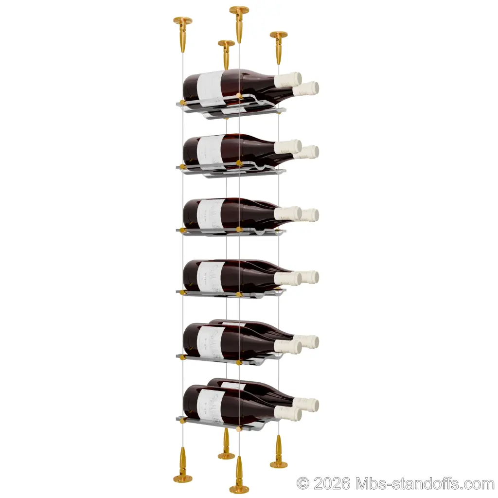 Viognier - Condrieu Collection Bottle Display Cable Cradle Kit, 12-Bottle (2x6) Capacity, Floating Cable System, 2-Bottle Wave Acrylic Cradle, Cable: 1/16″ Diameter, 13′-1″ Length with Gold Anodized Hanger