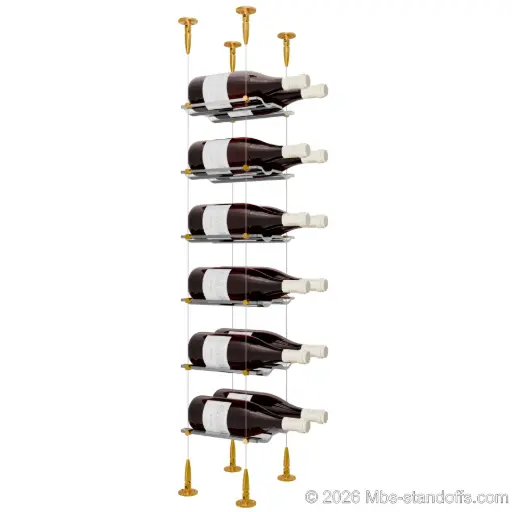 [SCS15G-CW02-K6] Viognier - Condrieu Collection Bottle Display Cable Cradle Kit, 12-Bottle (2x6) Capacity, Floating Cable System, 2-Bottle Wave Acrylic Cradle, Cable: 1/16″ Diameter, 13′-1″ Length with Gold Anodized Hanger