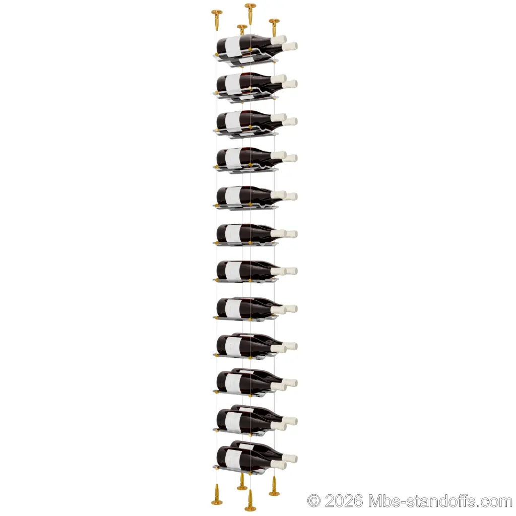Viognier - Condrieu Collection Bottle Display Cable Cradle Kit, 24-Bottle (2x12) Capacity, Floating Cable System, 2-Bottle Wave Acrylic Cradle, Cable: 1/16″ Diameter, 13′-1″ Length with Gold Anodized Hanger