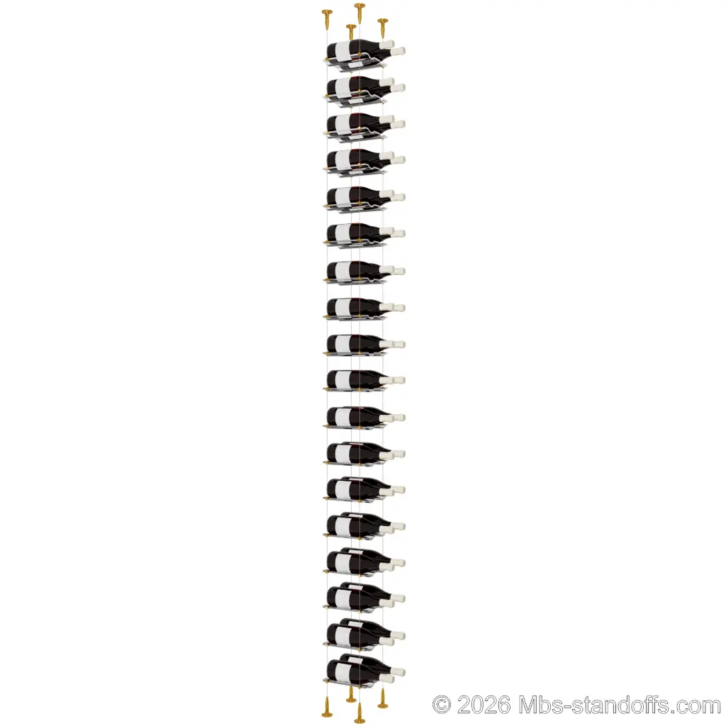 Viognier - Condrieu Collection Bottle Display Cable Cradle Kit, 36-Bottle (2x18) Capacity, Floating Cable System, 2-Bottle Wave Acrylic Cradle, Cable: 1/16″ Diameter, 13′-1″ Length with Gold Anodized Hanger