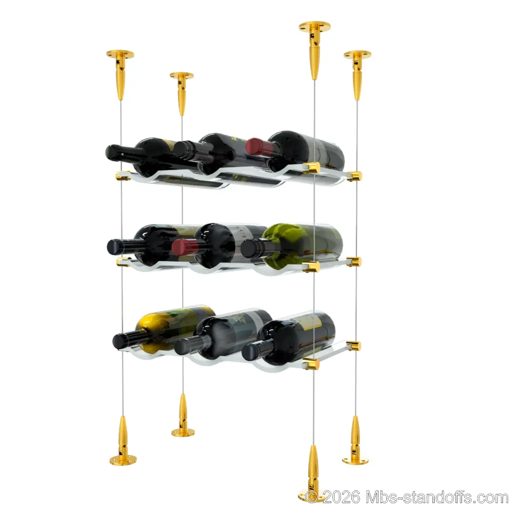 Viognier - Condrieu Collection Bottle Display Cable Cradle Kit, 9-Bottle (3x3) Capacity, Floating Cable System, 3-Bottle Wave Acrylic Cradle, Cable: 1/16″ Diameter, 13′-1″ Length with Gold Anodized Hanger