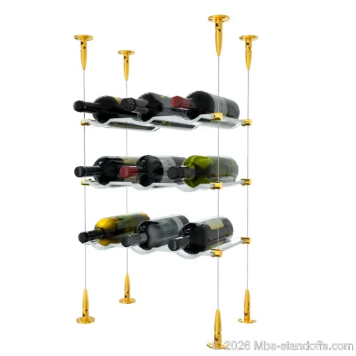[SCS15G-CW03-K3] Viognier - Condrieu Collection Bottle Display Cable Cradle Kit, 9-Bottle (3x3) Capacity, Floating Cable System, 3-Bottle Wave Acrylic Cradle, Cable: 1/16″ Diameter, 13′-1″ Length with Gold Anodized Hanger