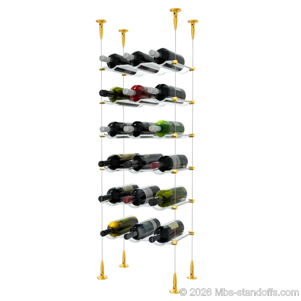 Viognier - Condrieu Collection Bottle Display Cable Cradle Kit, 18-Bottle (3x6) Capacity, Floating Cable System, 3-Bottle Wave Acrylic Cradle, Cable: 1/16″ Diameter, 13′-1″ Length with Gold Anodized Hanger