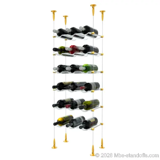 [SCS15G-CW03-K6] Viognier - Condrieu Collection Bottle Display Cable Cradle Kit, 18-Bottle (3x6) Capacity, Floating Cable System, 3-Bottle Wave Acrylic Cradle, Cable: 1/16″ Diameter, 13′-1″ Length with Gold Anodized Hanger