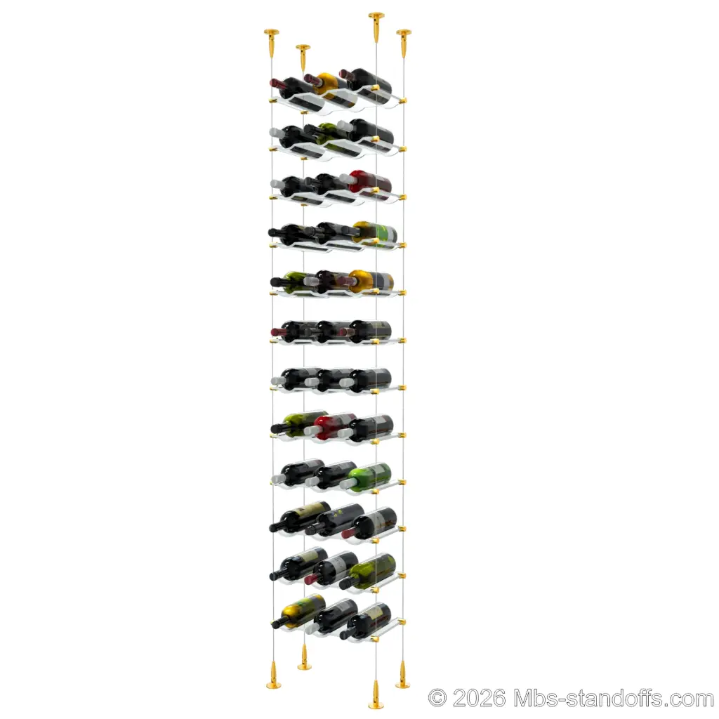 Viognier - Condrieu Collection Bottle Display Cable Cradle Kit, 36-Bottle (3x12) Capacity, Floating Cable System, 3-Bottle Wave Acrylic Cradle, Cable: 1/16″ Diameter, 13′-1″ Length with Gold Anodized Hanger