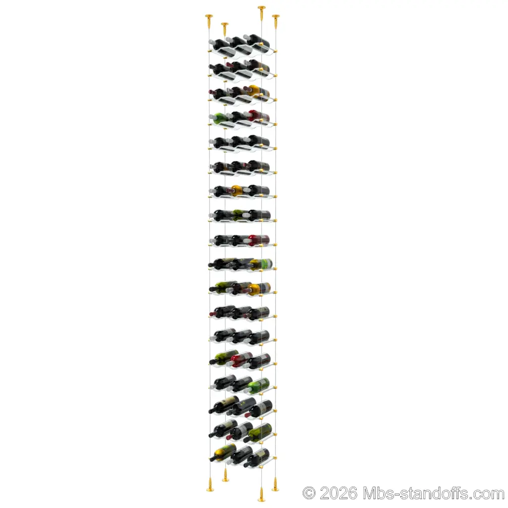 Viognier - Condrieu Collection Bottle Display Cable Cradle Kit, 54-Bottle (3x18) Capacity, Floating Cable System, 3-Bottle Wave Acrylic Cradle, Cable: 1/16″ Diameter, 13′-1″ Length with Gold Anodized Hanger