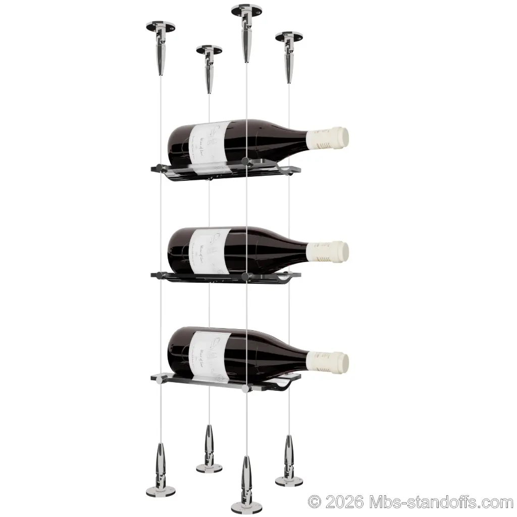 Viognier - Condrieu Collection Bottle Display Cable Cradle Kit, 3-Bottle Capacity, Floating Cable System, 1-Bottle Wave Acrylic Cradle, Cable: 1/16″ Diameter, 13′-1″ Length with Chrome Mirror Hanger