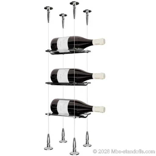 [SCS15CP-CW01-K3] Viognier - Condrieu Collection Bottle Display Cable Cradle Kit, 3-Bottle Capacity, Floating Cable System, 1-Bottle Wave Acrylic Cradle, Cable: 1/16″ Diameter, 13′-1″ Length with Chrome Mirror Hanger