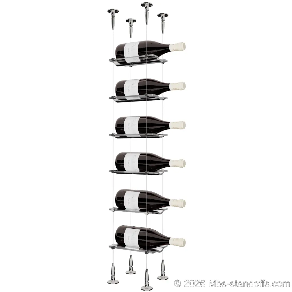 Viognier - Condrieu Collection Bottle Display Cable Cradle Kit, 6-Bottle Capacity, Floating Cable System, 1-Bottle Wave Acrylic Cradle, Cable: 1/16″ Diameter, 13′-1″ Length with Chrome Mirror Hanger