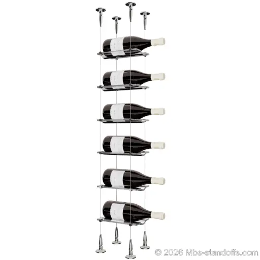 [SCS15CP-CW01-K6] Viognier - Condrieu Collection Bottle Display Cable Cradle Kit, 6-Bottle Capacity, Floating Cable System, 1-Bottle Wave Acrylic Cradle, Cable: 1/16″ Diameter, 13′-1″ Length with Chrome Mirror Hanger