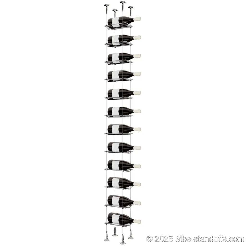Viognier - Condrieu Collection Bottle Display Cable Cradle Kit, 12-Bottle Capacity, Floating Cable System, 1-Bottle Wave Acrylic Cradle, Cable: 1/16″ Diameter, 13′-1″ Length with Chrome Mirror Hanger