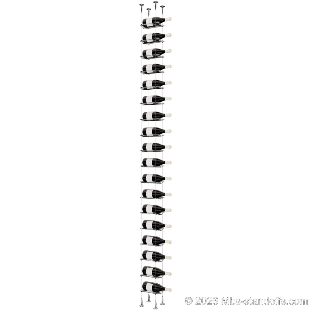 Viognier - Condrieu Collection Bottle Display Cable Cradle Kit, 18-Bottle Capacity, Floating Cable System, 1-Bottle Wave Acrylic Cradle, Cable: 1/16″ Diameter, 13′-1″ Length with Chrome Mirror Hanger