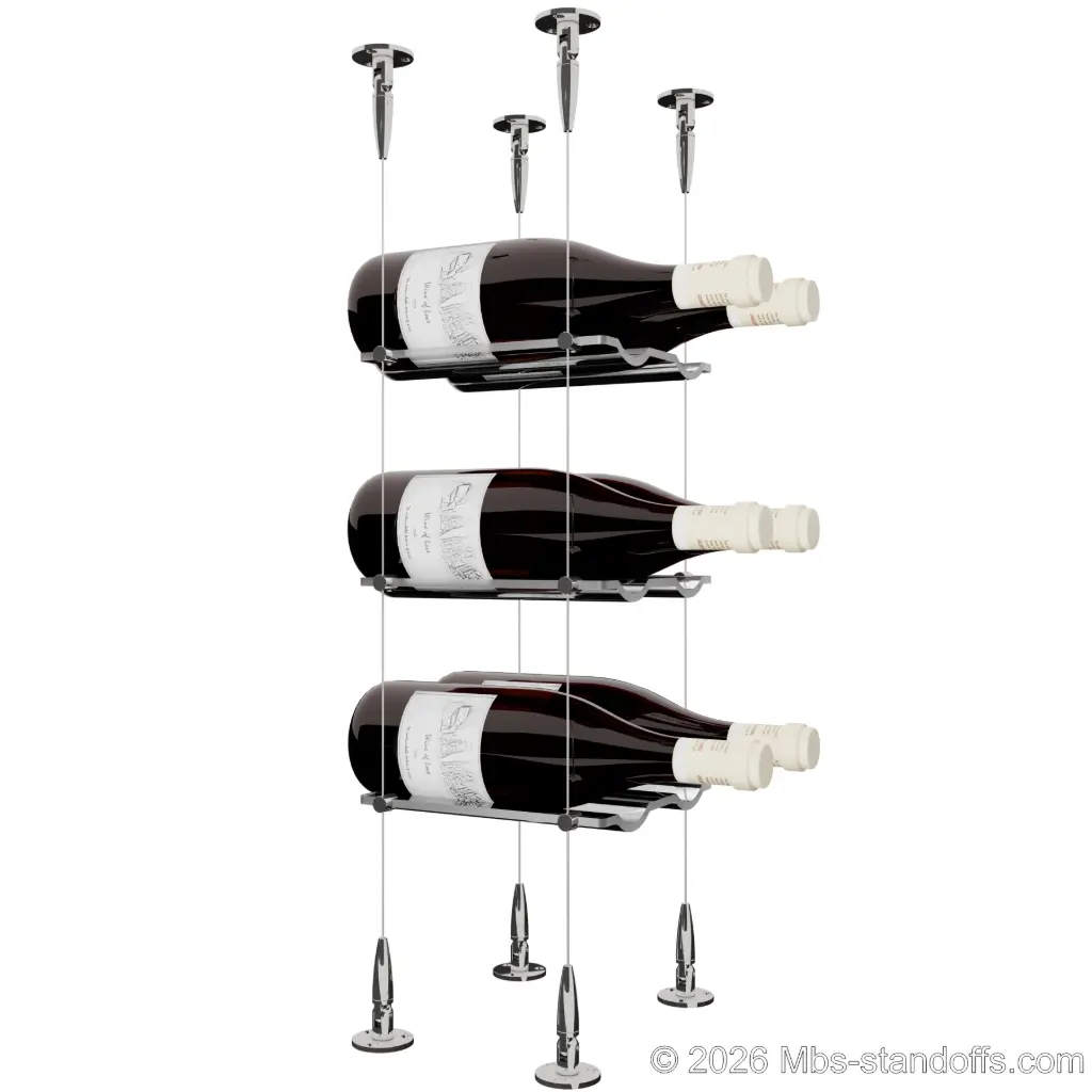 Viognier - Condrieu Collection Bottle Display Cable Cradle Kit, 6-Bottle (2x3) Capacity, Floating Cable System, 2-Bottle Wave Acrylic Cradle, Cable: 1/16″ Diameter, 13′-1″ Length with Chrome Mirror Hanger