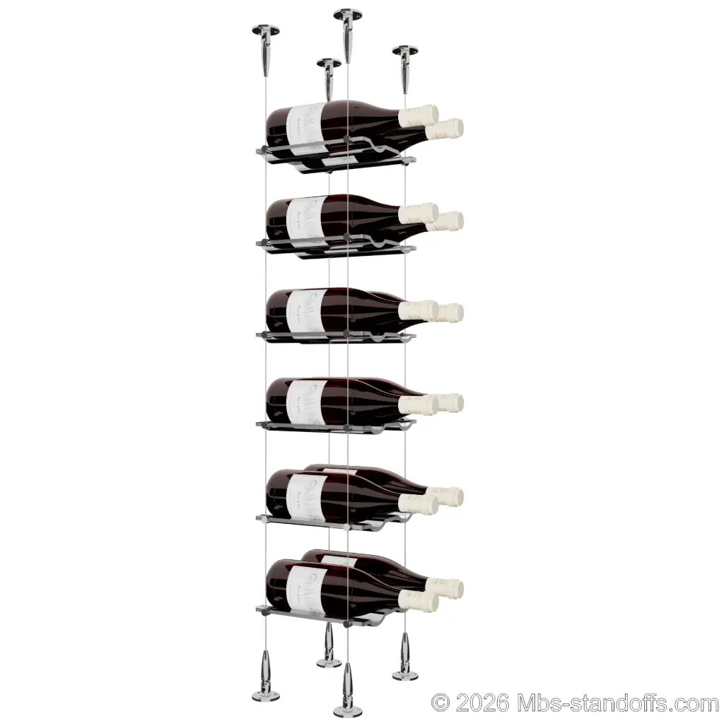Viognier - Condrieu Collection Bottle Display Cable Cradle Kit, 12-Bottle (2x6) Capacity, Floating Cable System, 2-Bottle Wave Acrylic Cradle, Cable: 1/16″ Diameter, 13′-1″ Length with Chrome Mirror Hanger