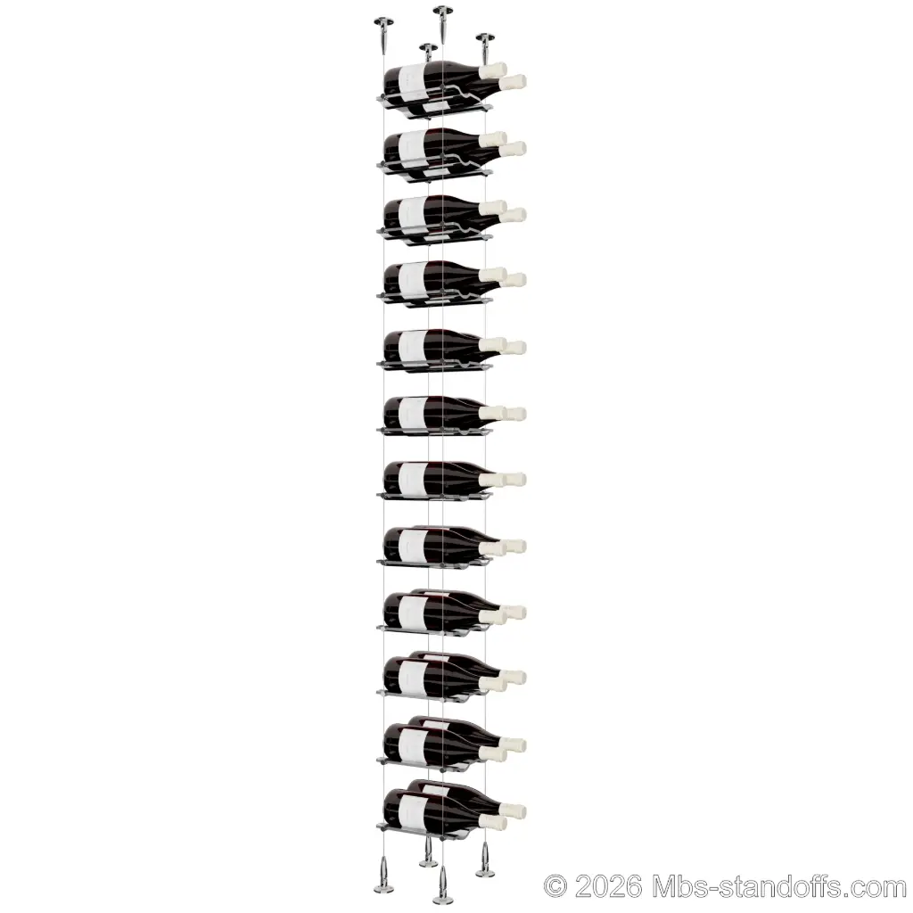 Viognier - Condrieu Collection Bottle Display Cable Cradle Kit, 24-Bottle (2x12) Capacity, Floating Cable System, 2-Bottle Wave Acrylic Cradle, Cable: 1/16″ Diameter, 13′-1″ Length with Chrome Mirror Hanger