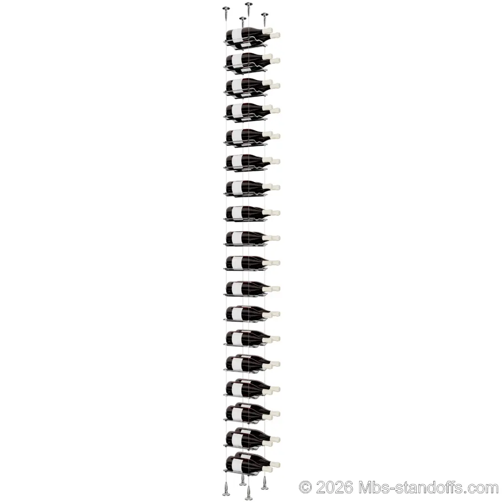 Viognier - Condrieu Collection Bottle Display Cable Cradle Kit, 36-Bottle (2x18) Capacity, Floating Cable System, 2-Bottle Wave Acrylic Cradle, Cable: 1/16″ Diameter, 13′-1″ Length with Chrome Mirror Hanger