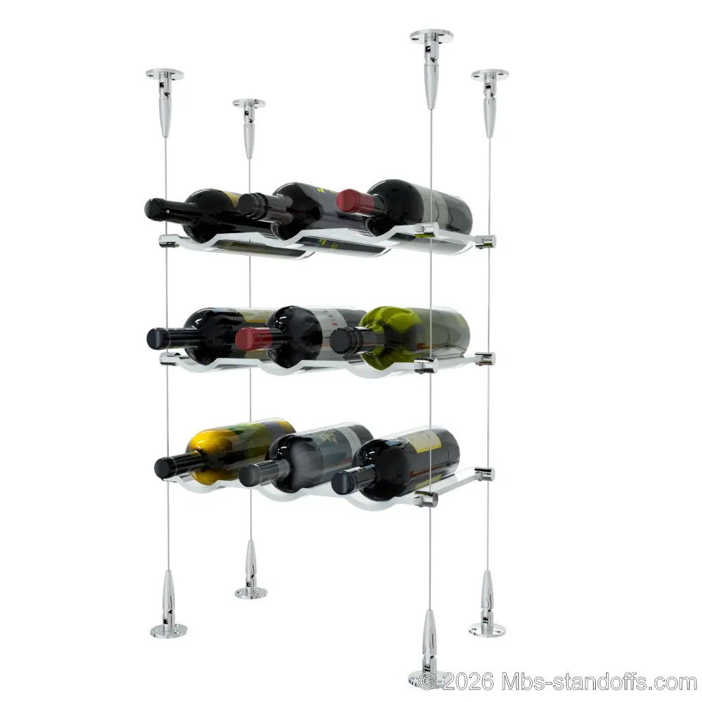 Viognier - Condrieu Collection Bottle Display Cable Cradle Kit, 9-Bottle (3x3) Capacity, Floating Cable System, 3-Bottle Wave Acrylic Cradle, Cable: 1/16″ Diameter, 13′-1″ Length with Chrome Mirror Hanger