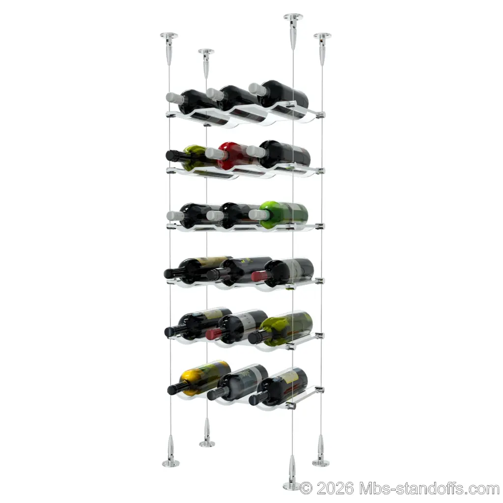 Viognier - Condrieu Collection Bottle Display Cable Cradle Kit, 18-Bottle (3x6) Capacity, Floating Cable System, 3-Bottle Wave Acrylic Cradle, Cable: 1/16″ Diameter, 13′-1″ Length with Chrome Mirror Hanger