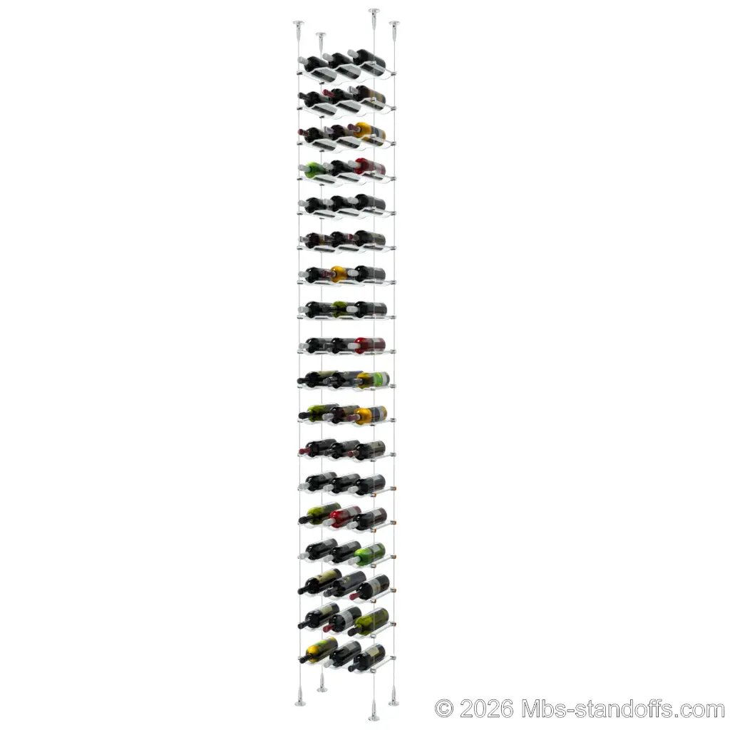 Viognier - Condrieu Collection Bottle Display Cable Cradle Kit, 54-Bottle (3x18) Capacity, Floating Cable System, 3-Bottle Wave Acrylic Cradle, Cable: 1/16″ Diameter, 13′-1″ Length with Chrome Mirror Hanger